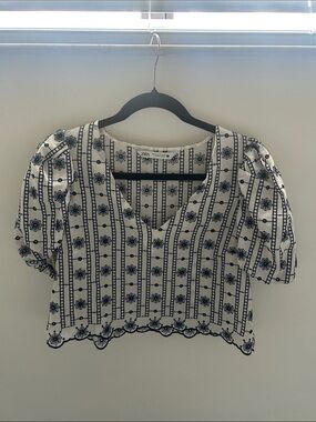 Zara White Crop Top with Navy Embroidered Stripes
